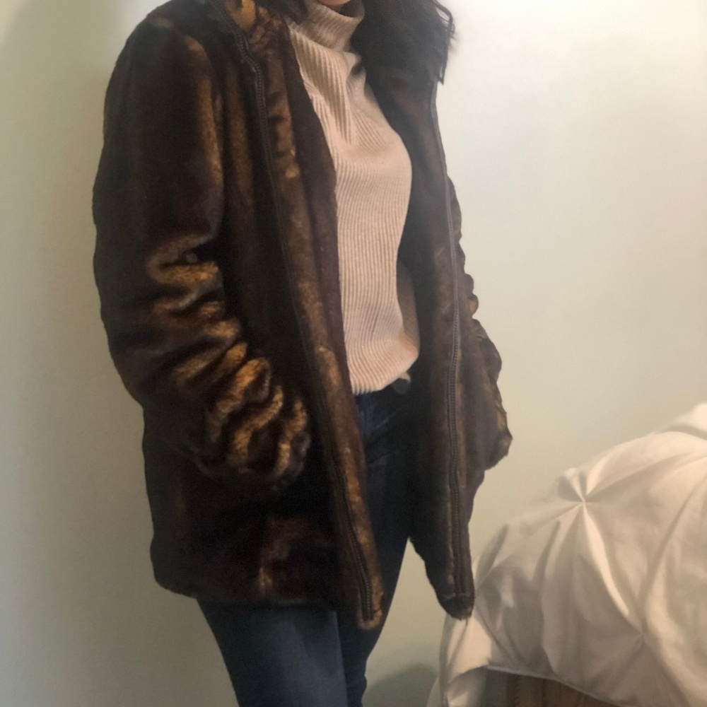 Dennis Basso Brown Faux Fur Zip Coat